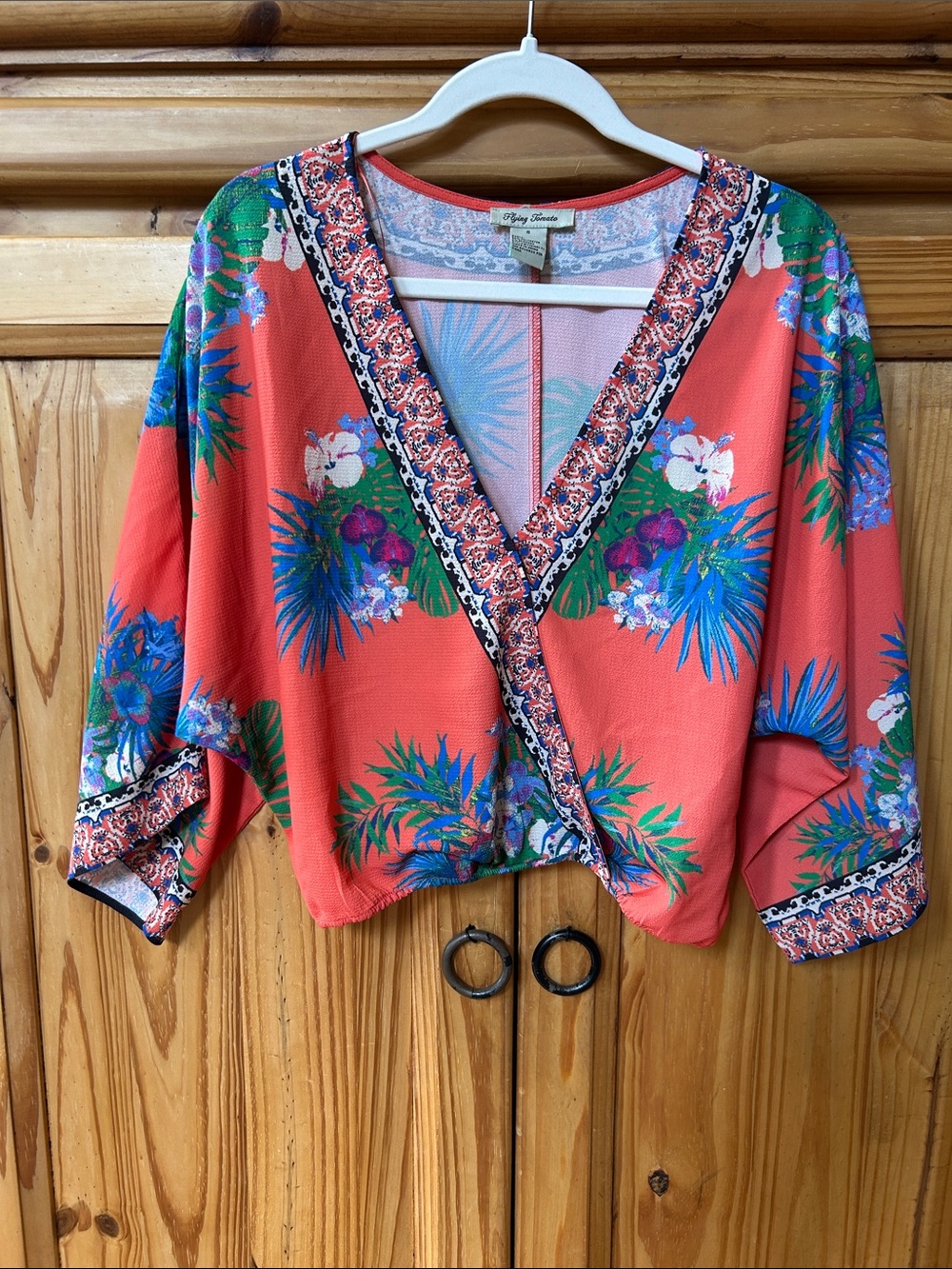 Flying Tomato Coral Tropical Floral Kimono Top V Neck Boho Dolman Sleeve Blouse